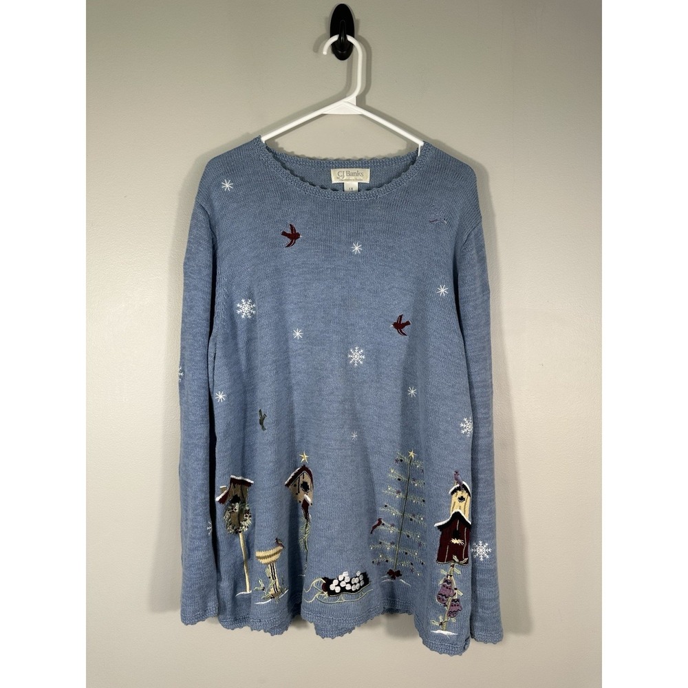 Vtg CJ Banks Sweater 1X Blue Christmas Holiday Bird House Y2K Embroidered Read